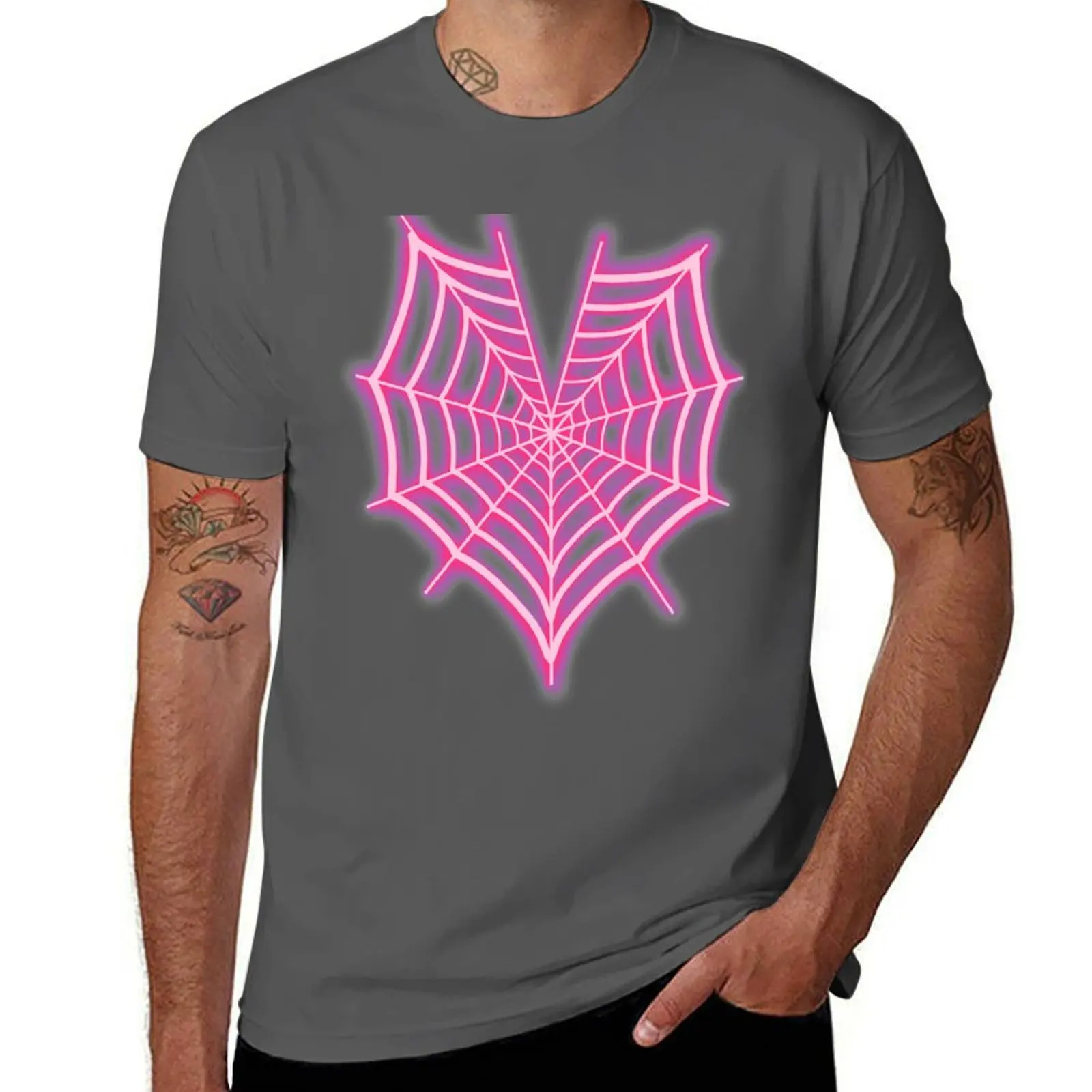 

Neon Pink Spiderweb Heart T-Shirt Basic Casual Short Sleeve Cotton Shirt