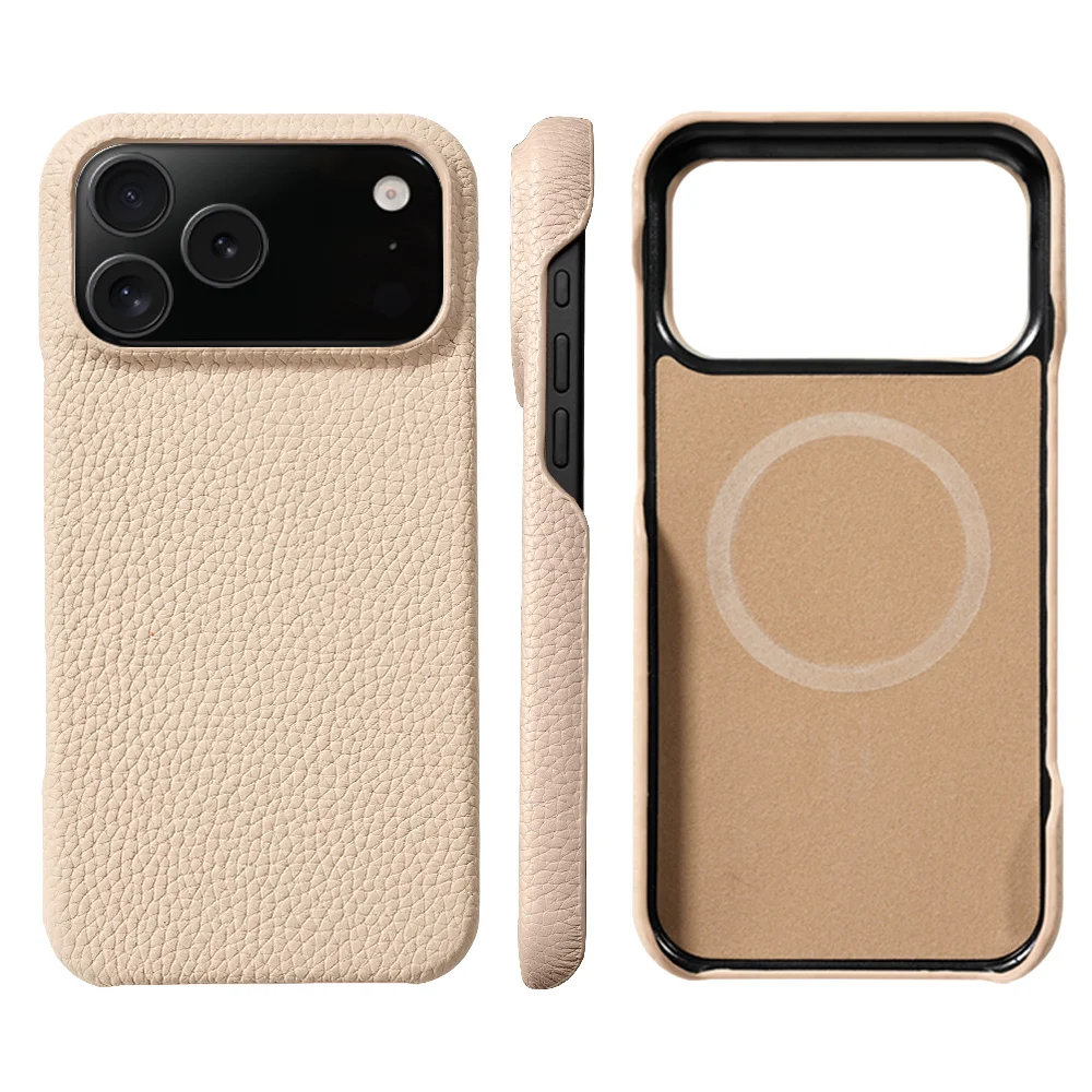 Capa Magnética de Couro Natural de Couro Bovino Lichia para iPhone 17 15 16 18 Pro Max Air - Capa Traseira de Luxo com Proteção Magnética