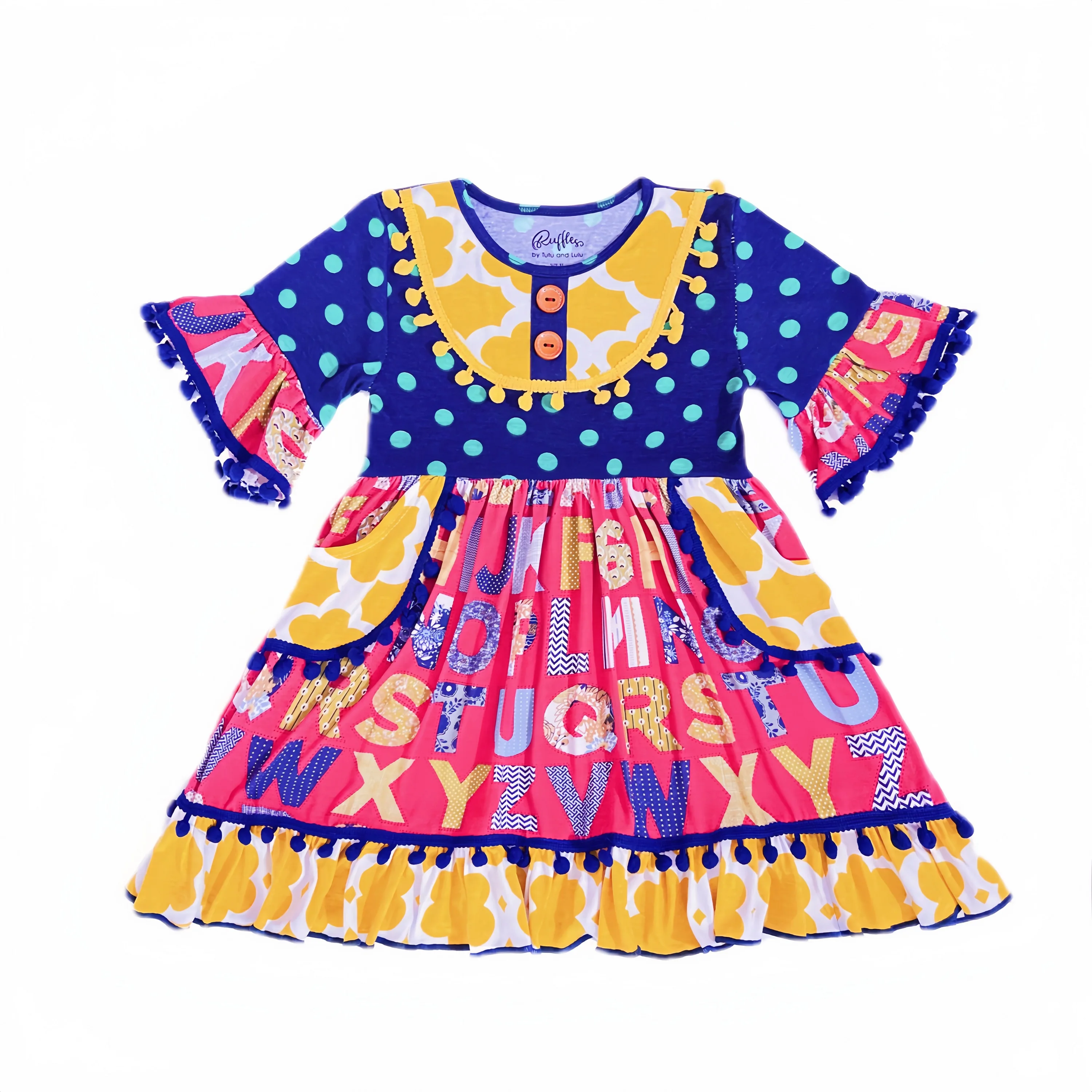 

Navy Top Red Letter Pattern Girls Dress With Pocket Hot Sale