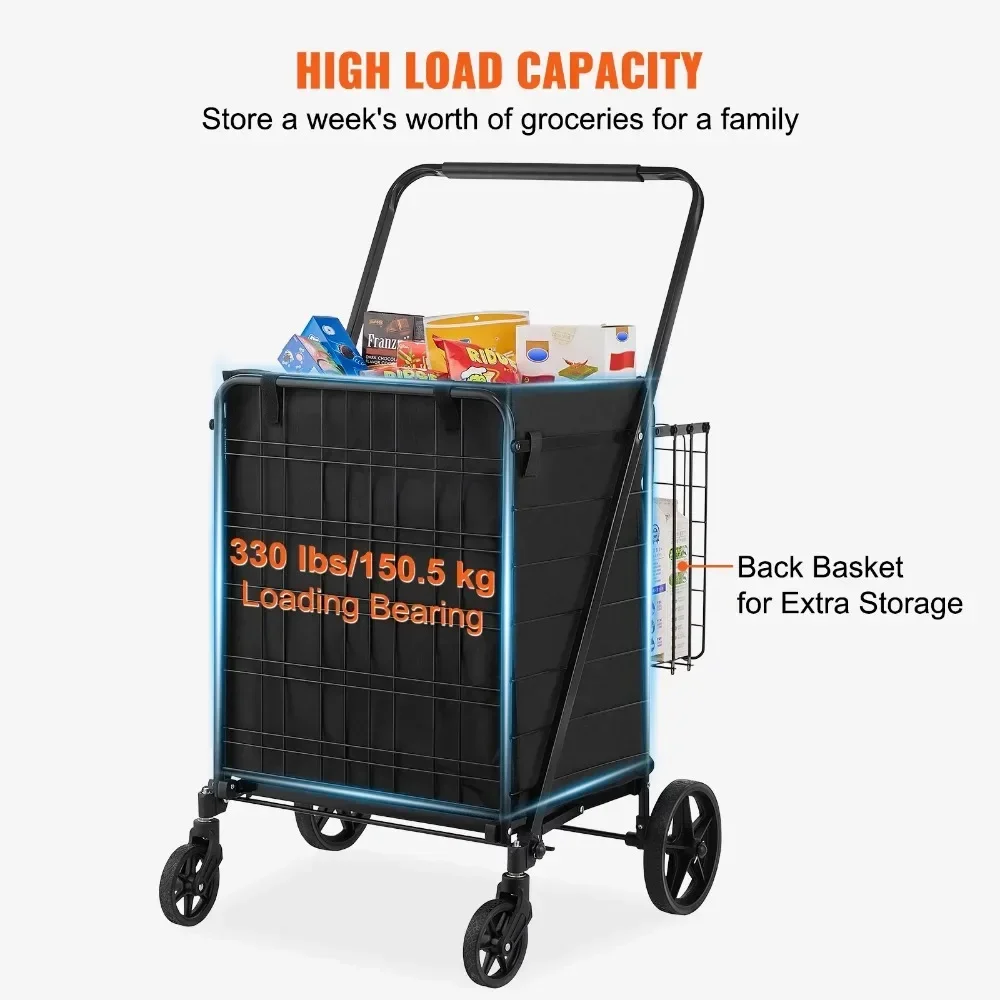 Folding Shopping Cart 330 Pound Heavy-duty Rolling Grocery Cart with Waterproof Detachable Bag Double Basket Practical Handcart