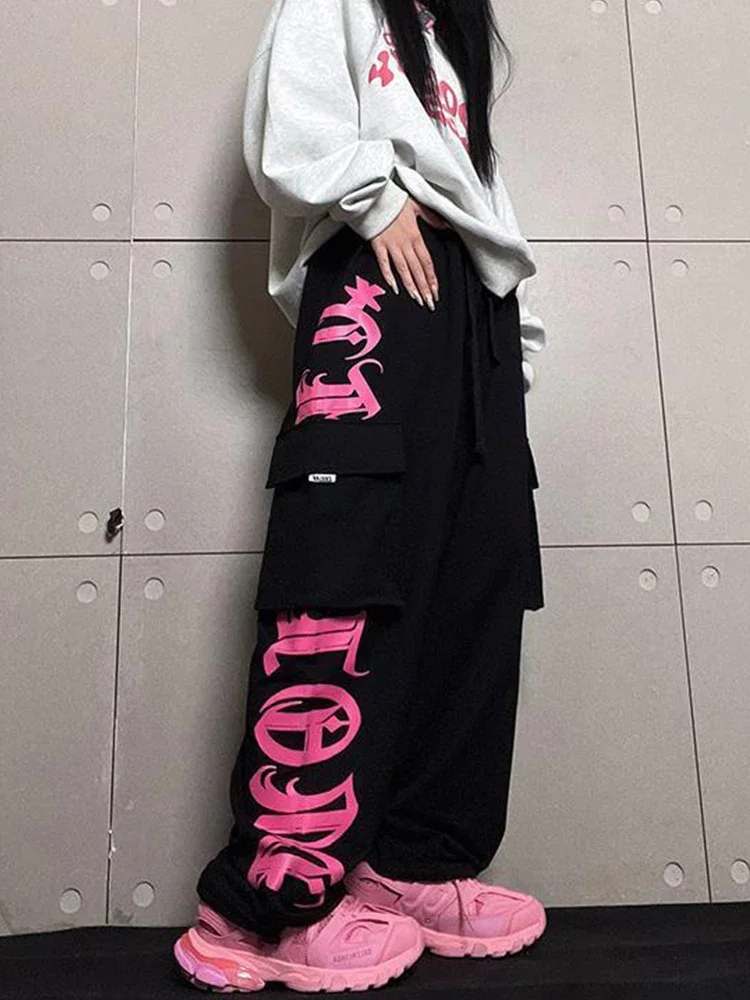 

HOUZHOU Y2K Cargo Pants Women Retro Pink Printed Trousers Female Personality Street Hip Hop Loose Casual Dancing Sports Harajuku