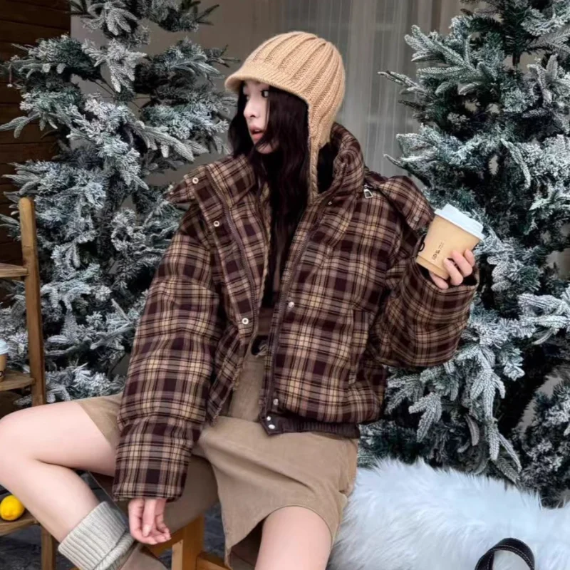 Doudoune courte à carreaux pour femme, manteau chaud et amincissant, à la mode, coupe ample, nouvelle collection hiver 2025