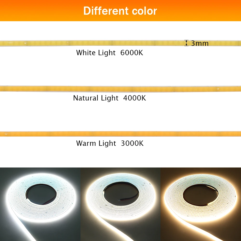 3mm Ultra Thin COB LED Strip Light 12V 24V High Density 384Led/m Flexible Led Tape Ribbon TV Bar Car Atmosphere Diode Ribbon