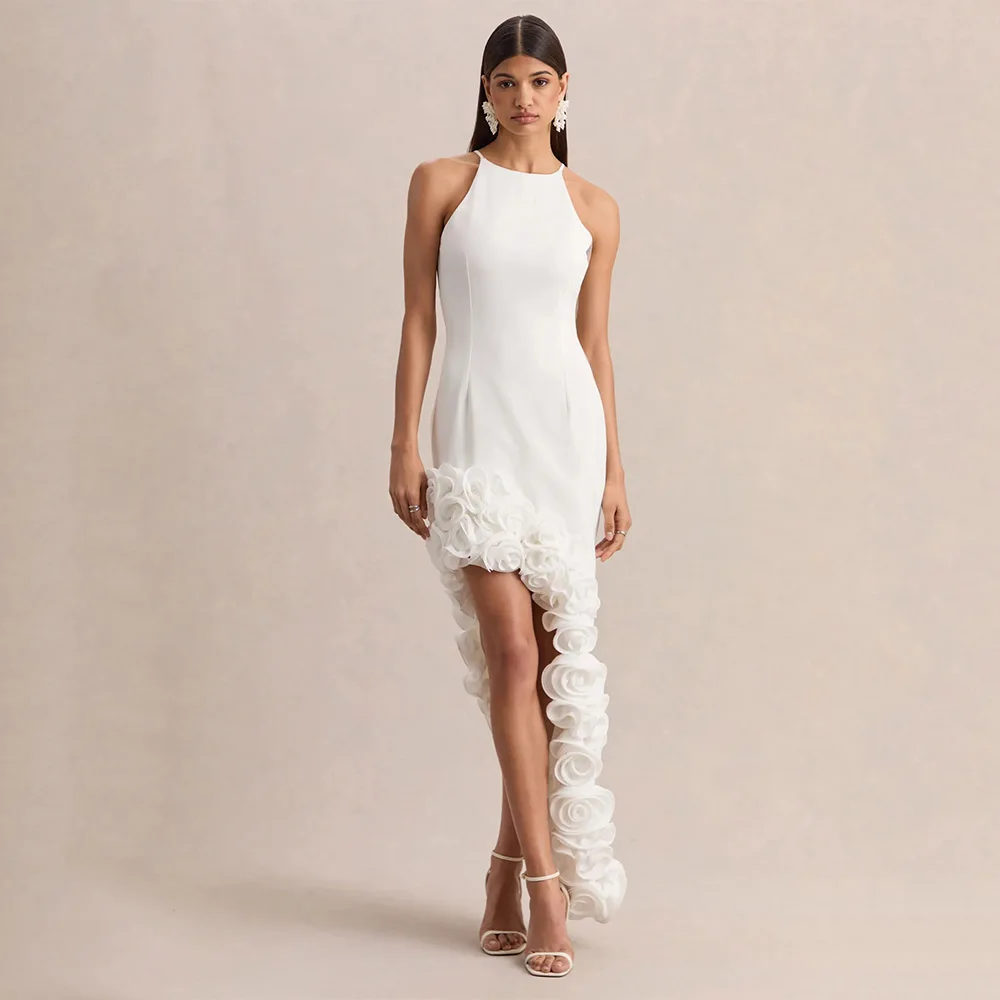 Customized Wedding Dress Asymmetrical 3D Flowers Halter Maxi Wedding Gowns for Women 2026 Bride Ankle Length Modern Bridal Dress
