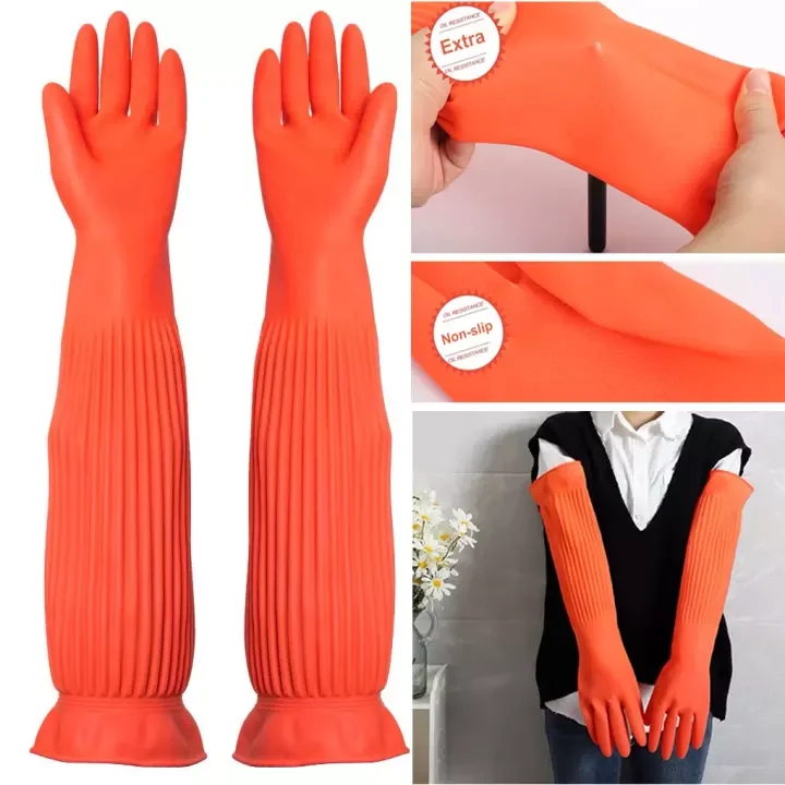 1 Pair Household Long Rubber Gloves Waterproof Cleaning Gardening Non-slip Reusable Washable Industrial Glove Hands Protection