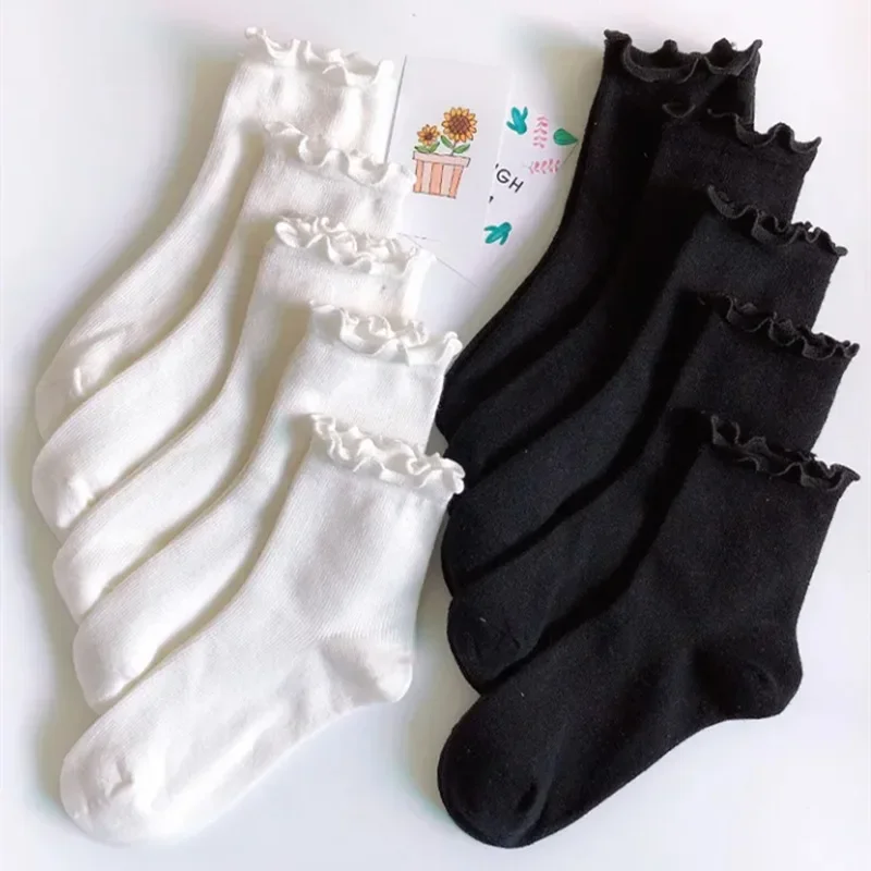 Ruffle Socks Women White Black Frilly Lolita Style Japanese Maiden Cute Kawaii Cotton Harajuku Princess Crew Socks Calcetines