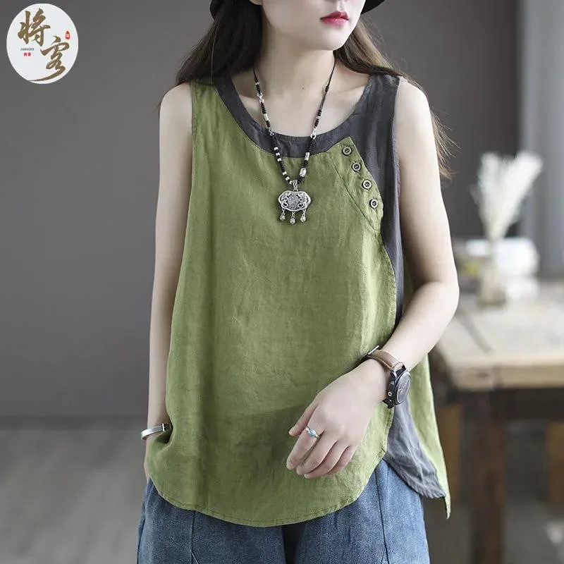 Large size women's vest summer new loose and cool casual asymmetrical button decorative splicing round neck sleeveless T-shirt