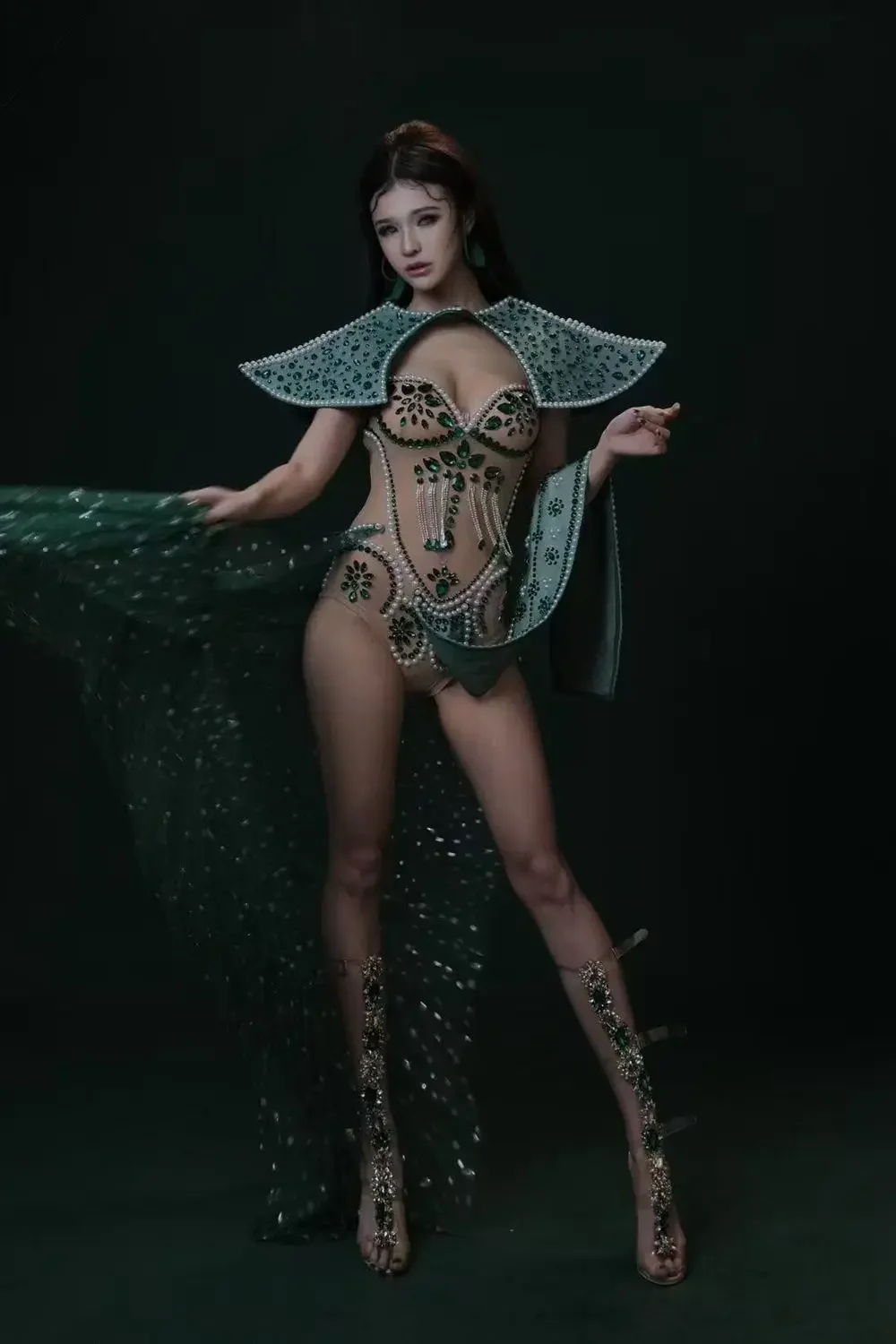 Sexy Mesh See Through Rhinestones Bodysuit Cloak Photography Leotard Women Singer Dancer Performance Dance Costume Stage Wear