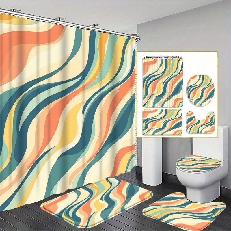 4pc Brightly colored modern bathroom accessories, including shower curtains, rugs, toilet seats, and U-shaped mats.