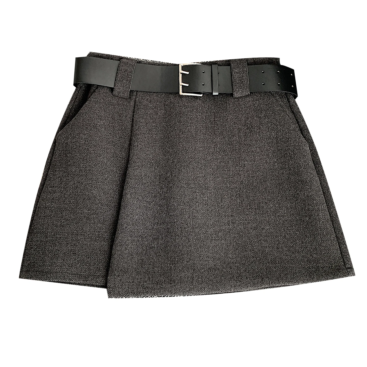 Women's Asymmetrical Hem Skirts, High Waist Flared Mini Skort for Autumn Winter, A-Line Short Skirt with Attached Shorts