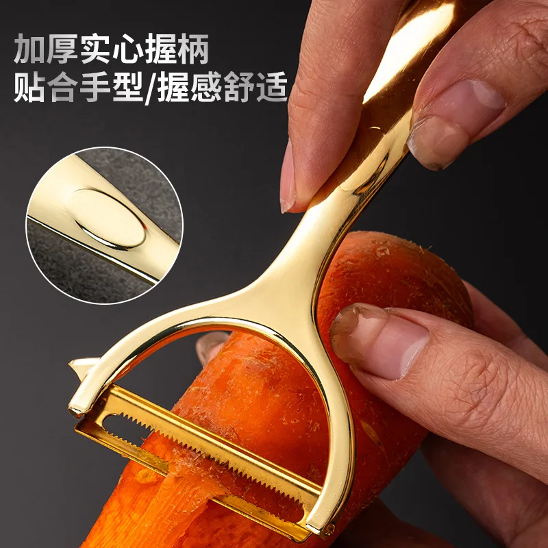 Zinc alloy multifunctional kitchen peeler with flat and serrated edges for apples potatoes and diverse produce—lightweight ergon