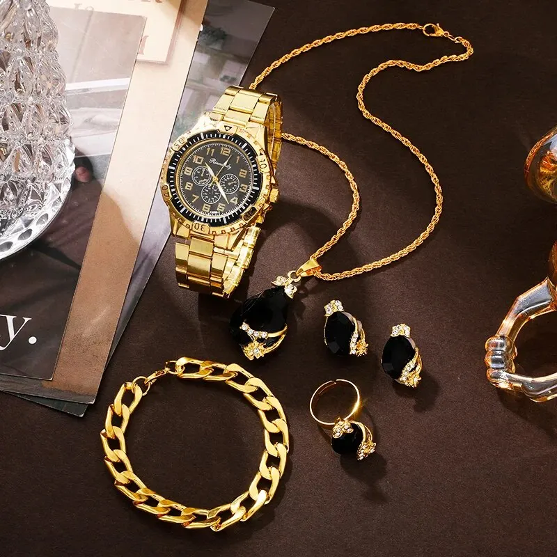 ساعة ذهبية فاخرة للنساء خاتم وقرط وحجر الراين ساعة يد عصرية غير رسمية للسيدات