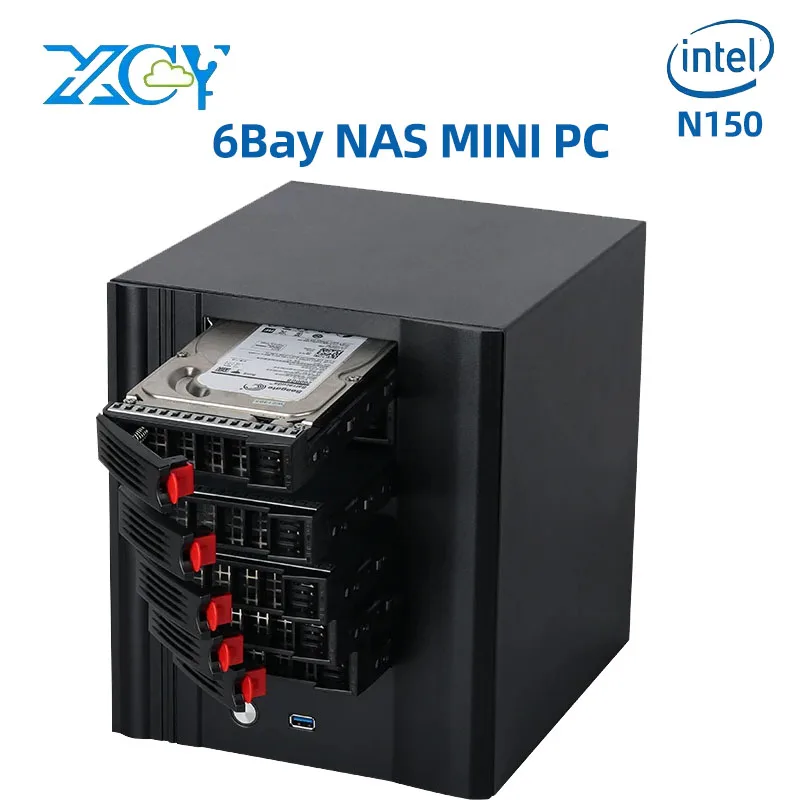 XCY 6Bay 2.5 بوصة Sata NAS كمبيوتر صغير مع Inter N100 يدعم DDR5 M.2 NVME كمبيوتر مدمج مع 3xUSB2.0 1xHDMI Windows10 جاهز