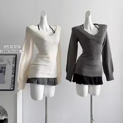 Sexy Strapless Soft Sticky Knit Sweater Women Autumn New Lazy Casual V-neck Bottoming Shirt Long-sleeved Blouse Slim Pullovers