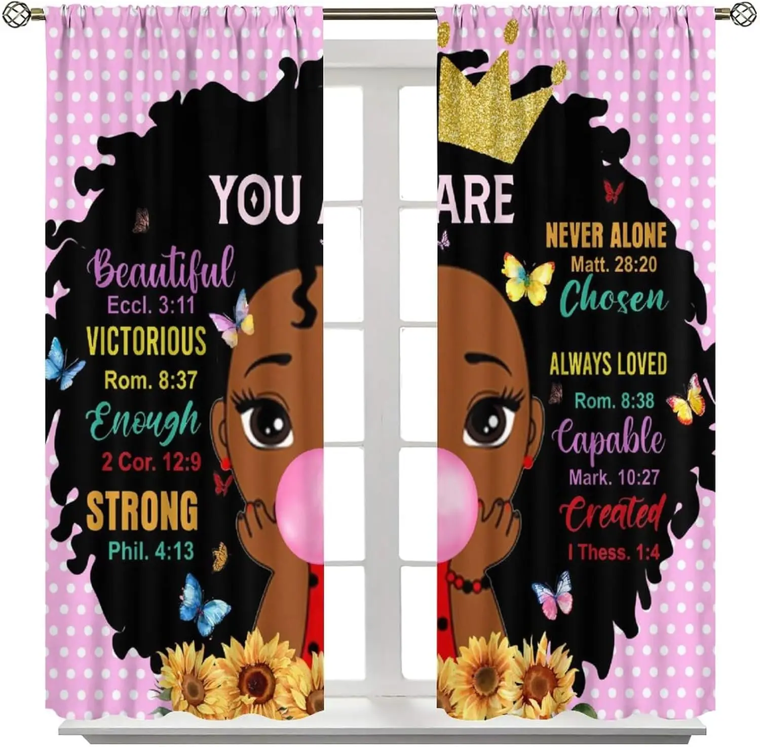 African American Black Girl Curtains, Cartoon Fantasy Pink Princess Crown Butterfly Quotes Window Drapes for Nursery Bedroom
