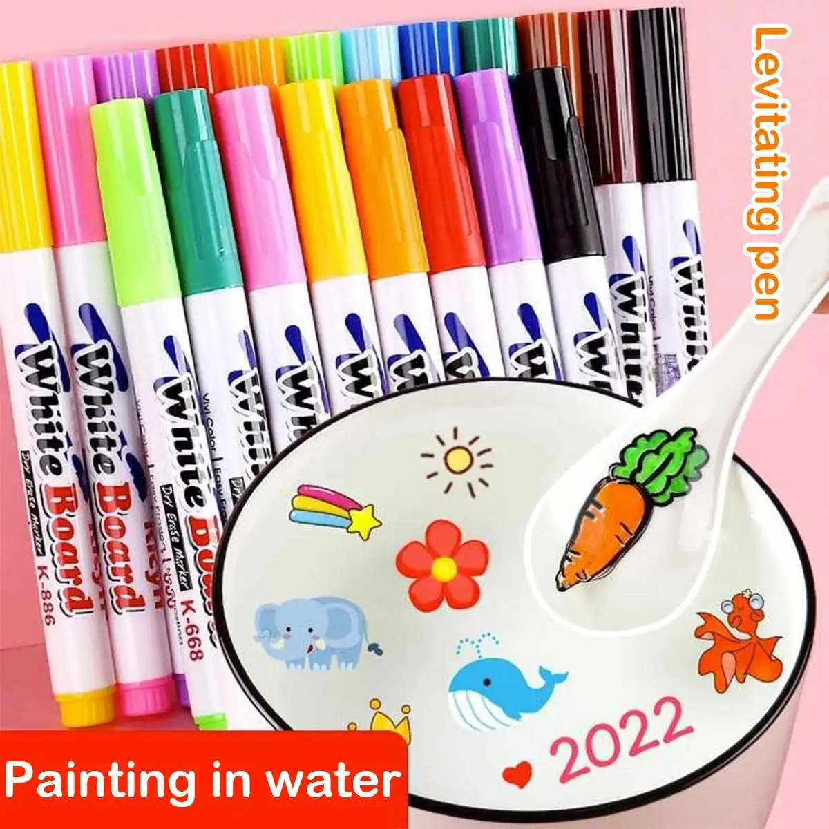 8/12 Colors Water Floating Pens with Spoon Kids Water Drawing Water-based Eco-friendly Erasable Washable Whiteboard Educational