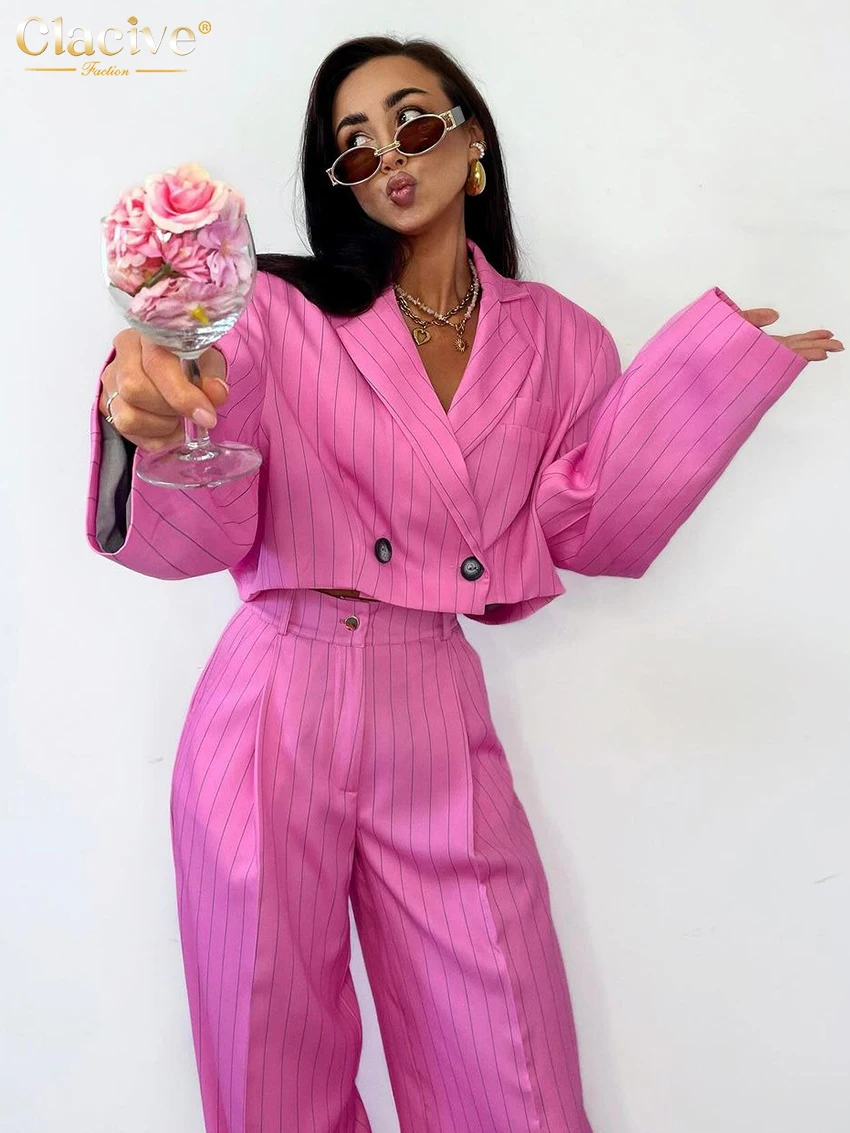 Clacive Fashion Loose Pink Stripe 2 Piece Sets Women Outfit 2025 Elegant Long Sleeve Crop Shirt With High Waist Wide Pants Set