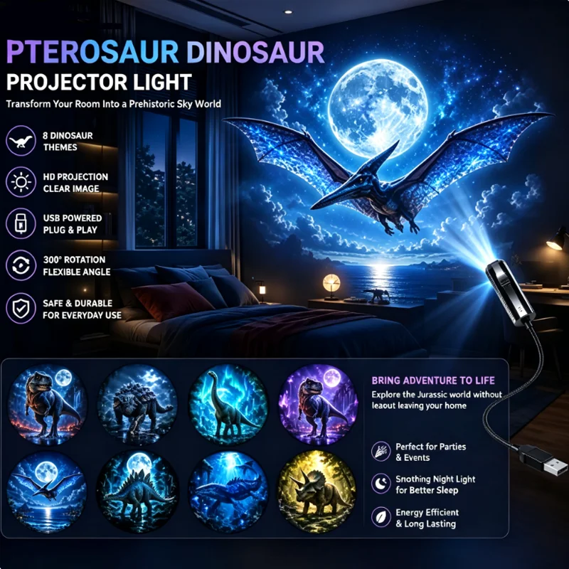 Fantasy Dinosaur Projector Light, USB Powered Moonlight Jurassic Galaxy Ambient Night Light, Suitable for Bedroom Decor
