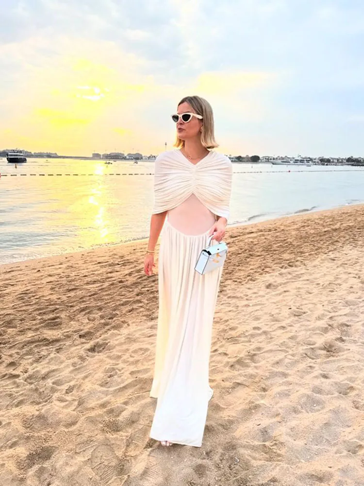 

GELITAYIN элегантное платье макси с шалью для женщин, лето 202, плиссированное платье с v-образным вырезом, шикарное вечернее длинное платье, белые уличные женские халаты