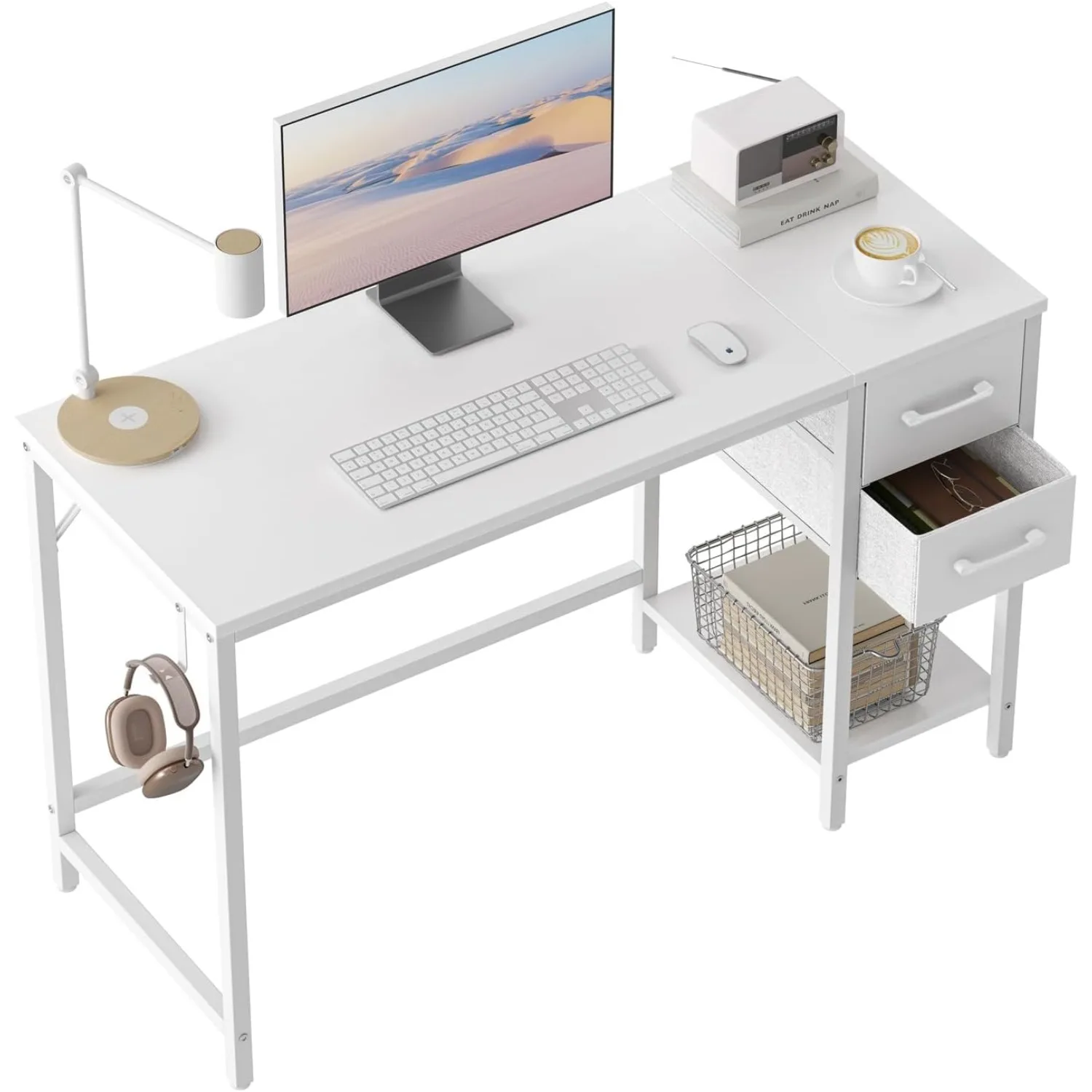 

Computer Desk with 2 Drawers, 40 Inch Small Home Office Desk with Storage Study Writing Table, Pure White