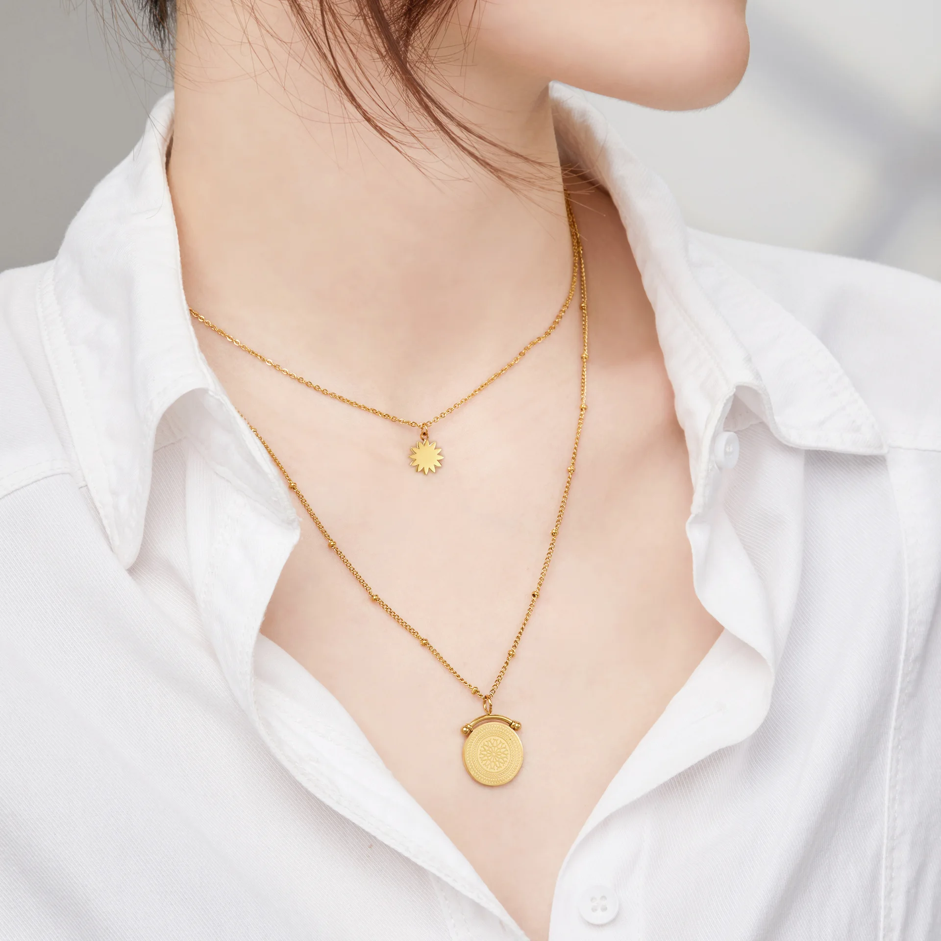 316L Stainless Steel New Fashion Upscale Jewelry 2 Layer Sunflower Beaded Charm Chain Choker Necklaces Pendants For Women