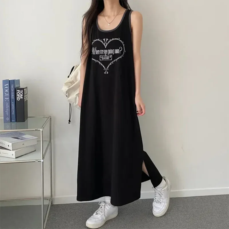 2024 Summer Women Sleeveless Dresses Side Slit Long Dresses Korean Style Female Loose Vest Dress Fashion Printed Streetwear