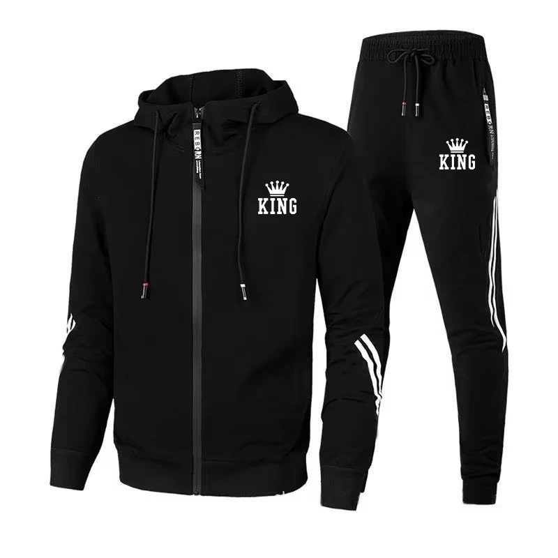 High Quality Men's Tracksuit Zipper Hooded Sweatshirt+Slim Sweatpants Set Casual Jacket Coat Jogging Clothing Fashion Print Suit