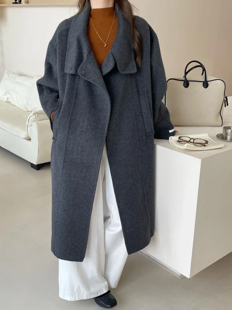 ZMEENNA Damen-Wintermantel, elegant, Wollmischung, schick, Stehkragen, übergroß, lange Jacke, warme Oberbekleidung, beige Strickjacke ZM3741