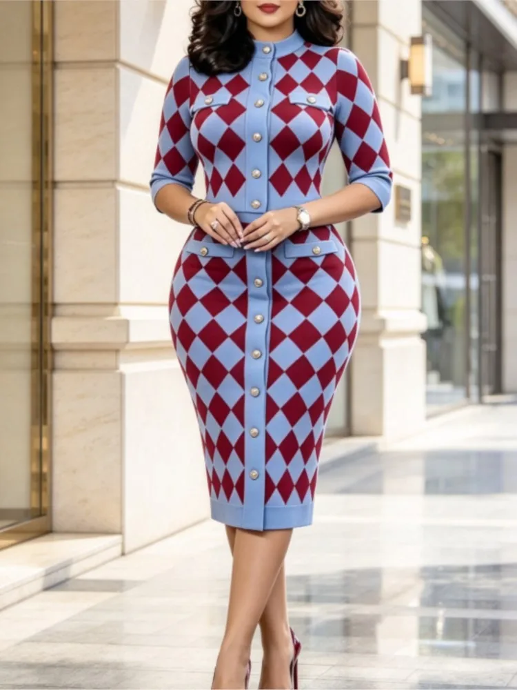 Women Plaid Bodycon 2 Pieces Set For Woman 3/4 Sleeve O Neck Button Decor Slim Fit Office Pencil Woman 2 Piece Set Outfit Skirt