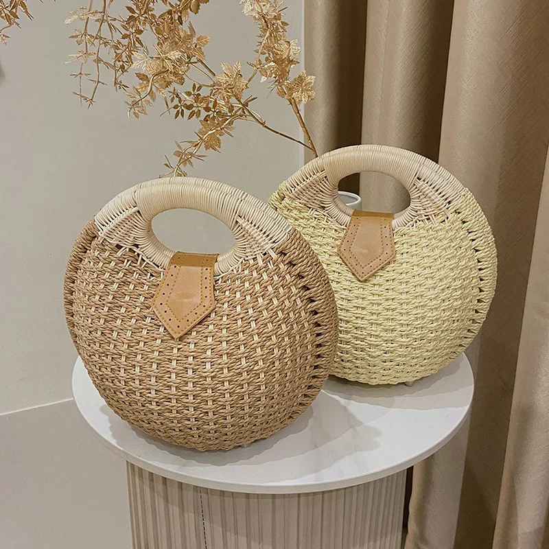 Rattan Frauen Einkaufstasche Luxus Designer kreisförmige Sommer weibliche Schulter Handtaschen gewebte Muschel Mode Frauen Tasche Geldbörsen Stroh Taschen