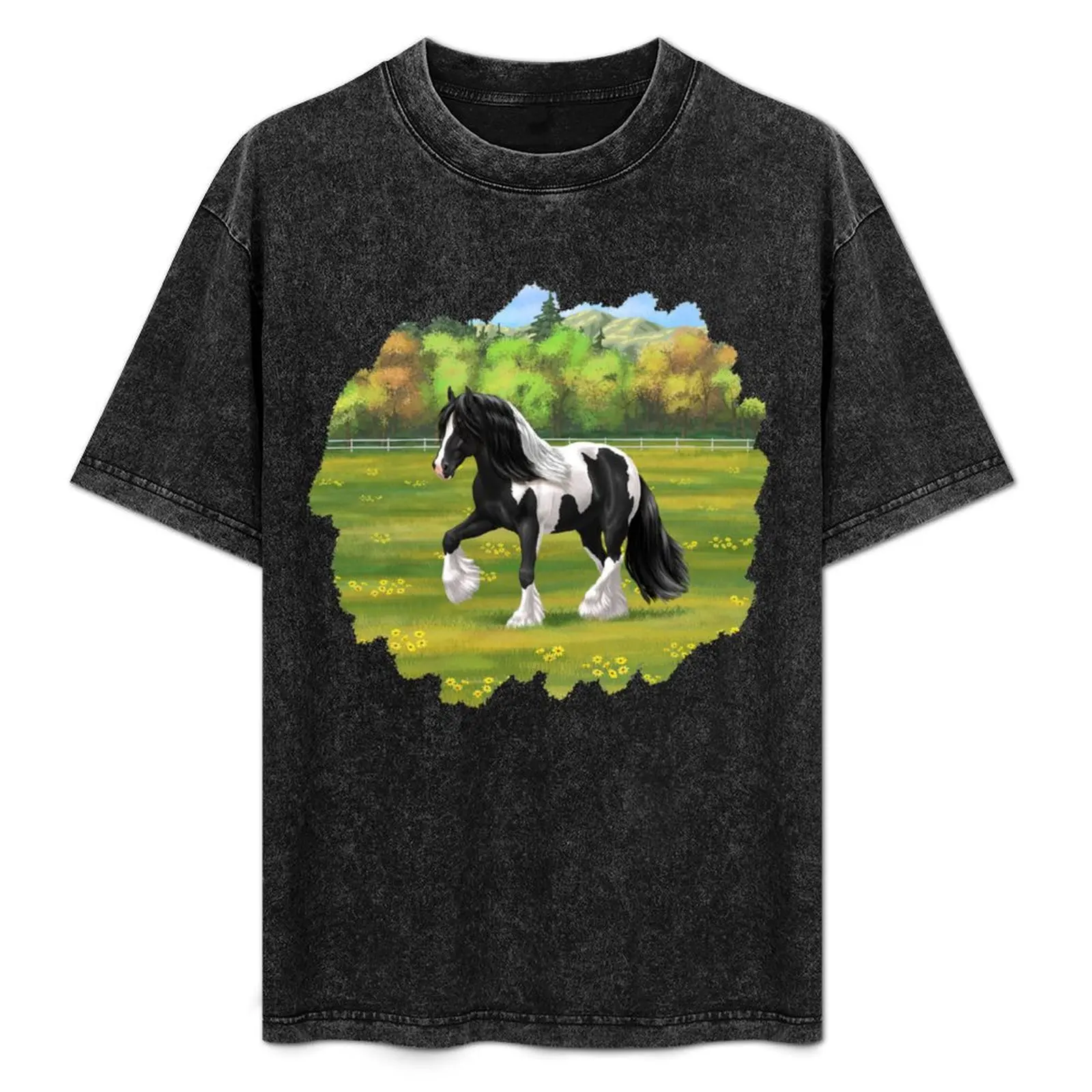 Camiseta de manga corta para hombre, talla grande, con diseño de caballo de tracción irlandés Black Pinto Piebald Gypsy Vanner Irish Cob