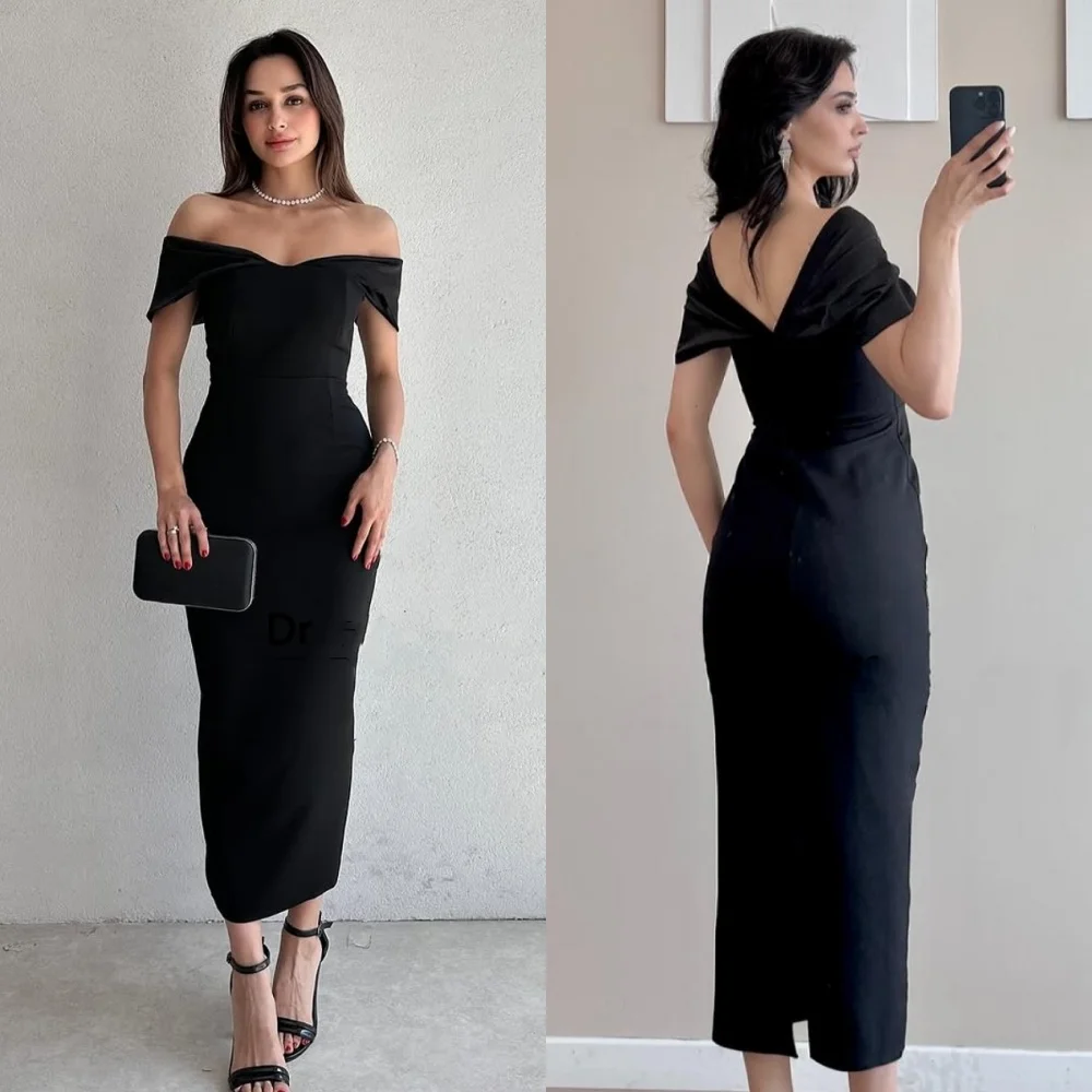 

Customized Classic High quality Jersey Ruched Pleat Column Off-the-shoulder Tea Length Dresses Bespoke Occasion Dresses Matching