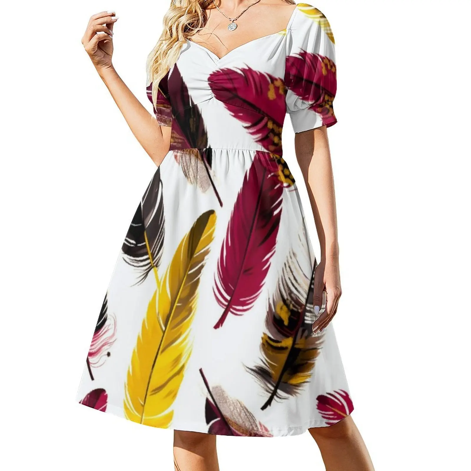 깃털-핑크 아이보리 골드 블랙 3 플로럴 스모크 드레스 여성용 봄 여름 캐주얼 드레스 파티용 깃털 핑크 아이보리 골드