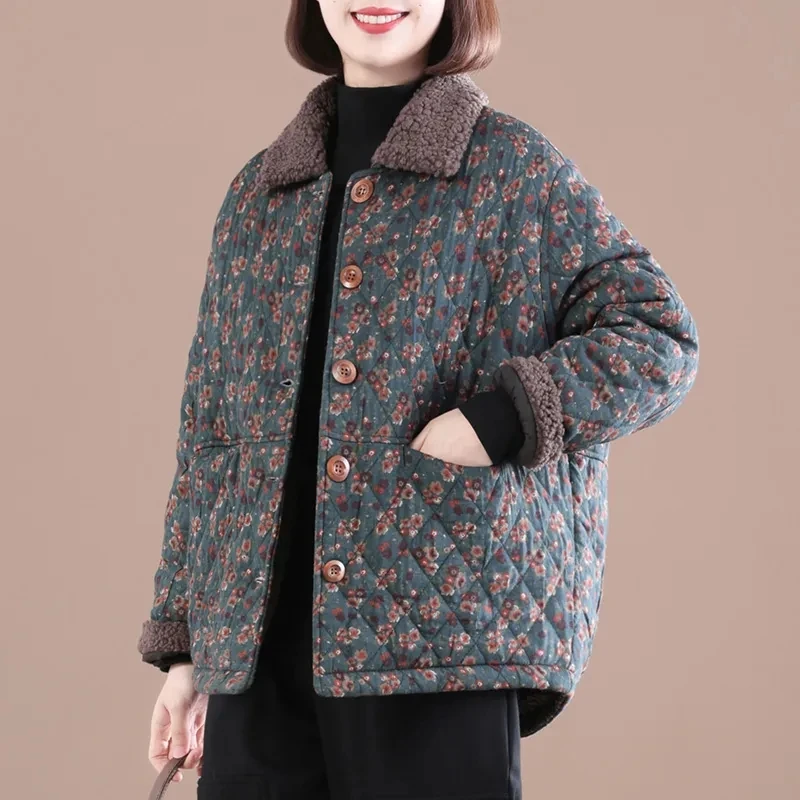 Retro Floral Cotton Coat Middle-Aged Elderly Women\'s Winter Jacket New 2023 Loose Lapel Short Cotton Clothes Quilted Overcoat