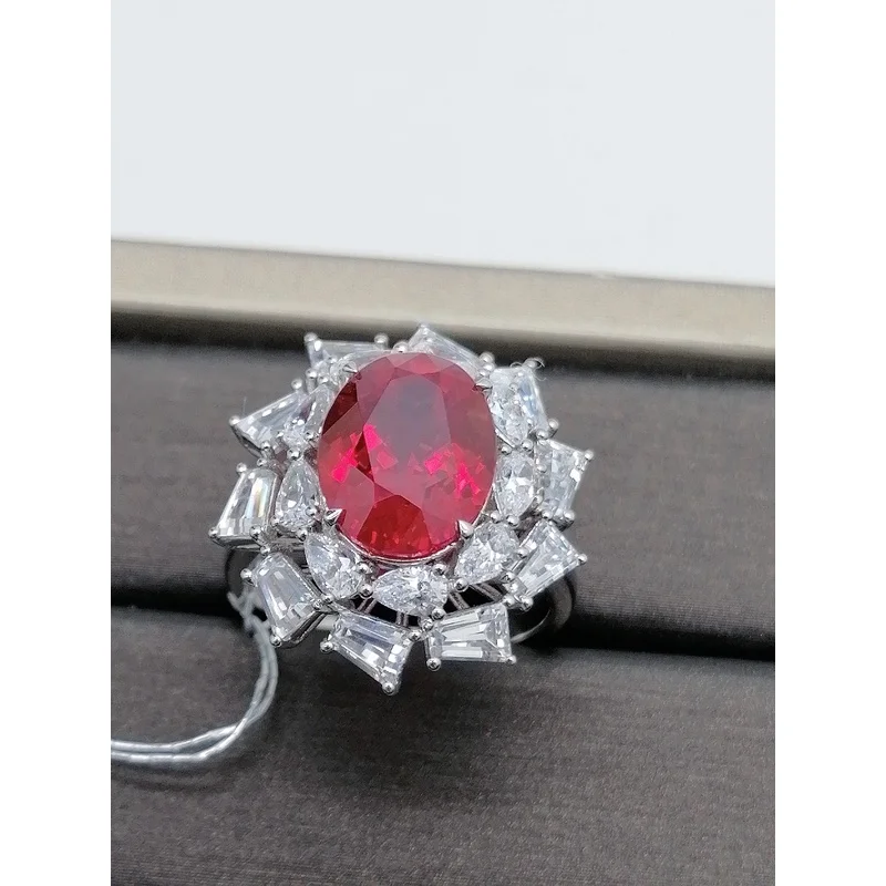 Oval Cut Lab Created Diamond Ring in 925 Sterling Silver with Lab Made Ruby for Women Elegant Fashion Jewelry Gift