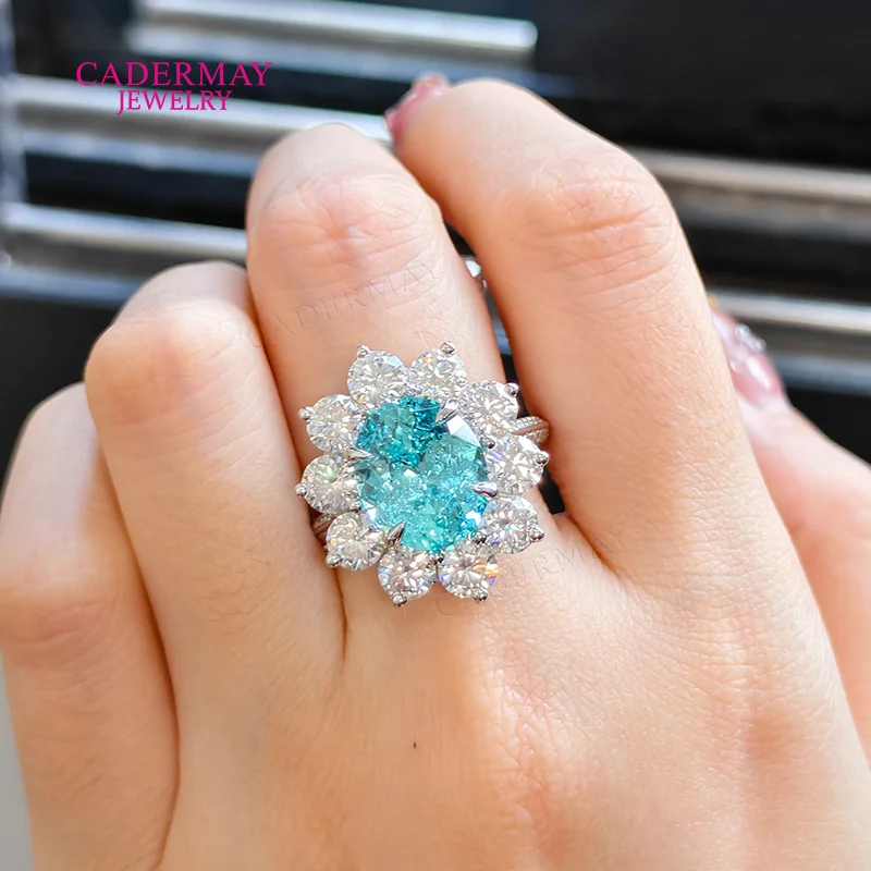 Cadermay Jewelry 925 Silver 10x12mm Oval Shape Neon Blue Paraiba YAG Halo Moissanite Wedding Engagement Ring Pave For Women Gift