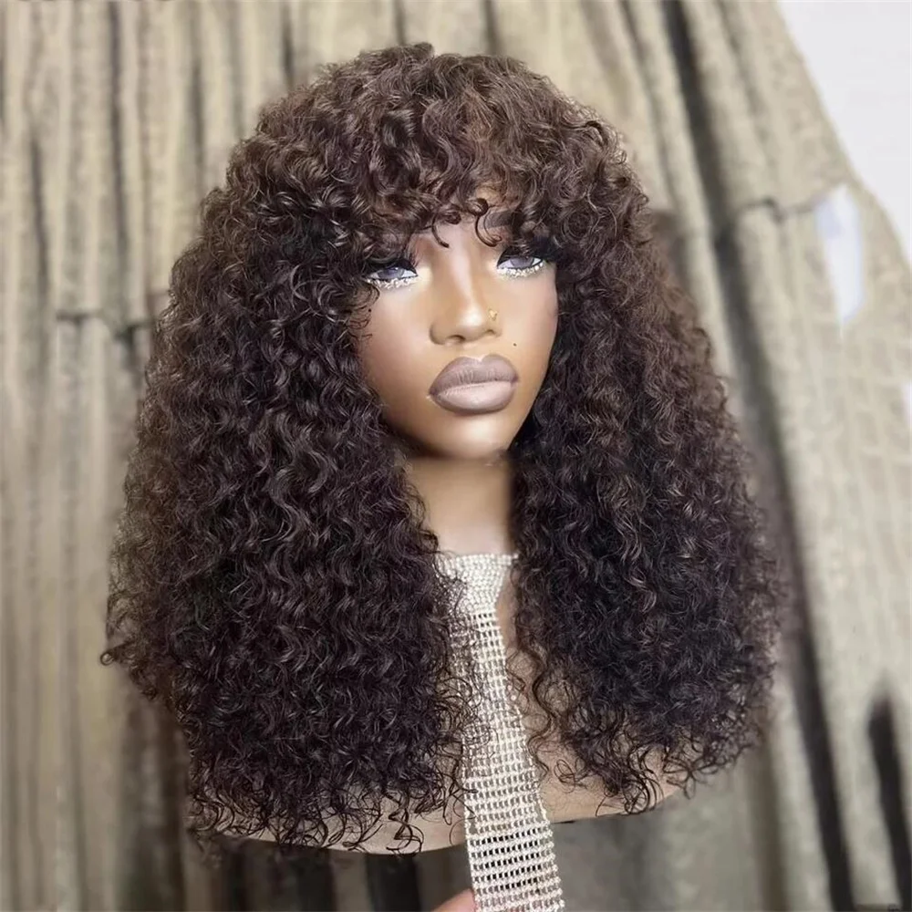 Parrucca nera riccia crespa lunga morbida senza colla 180 densità 26 "con frangia per donne nere BabyHair prepizzicata