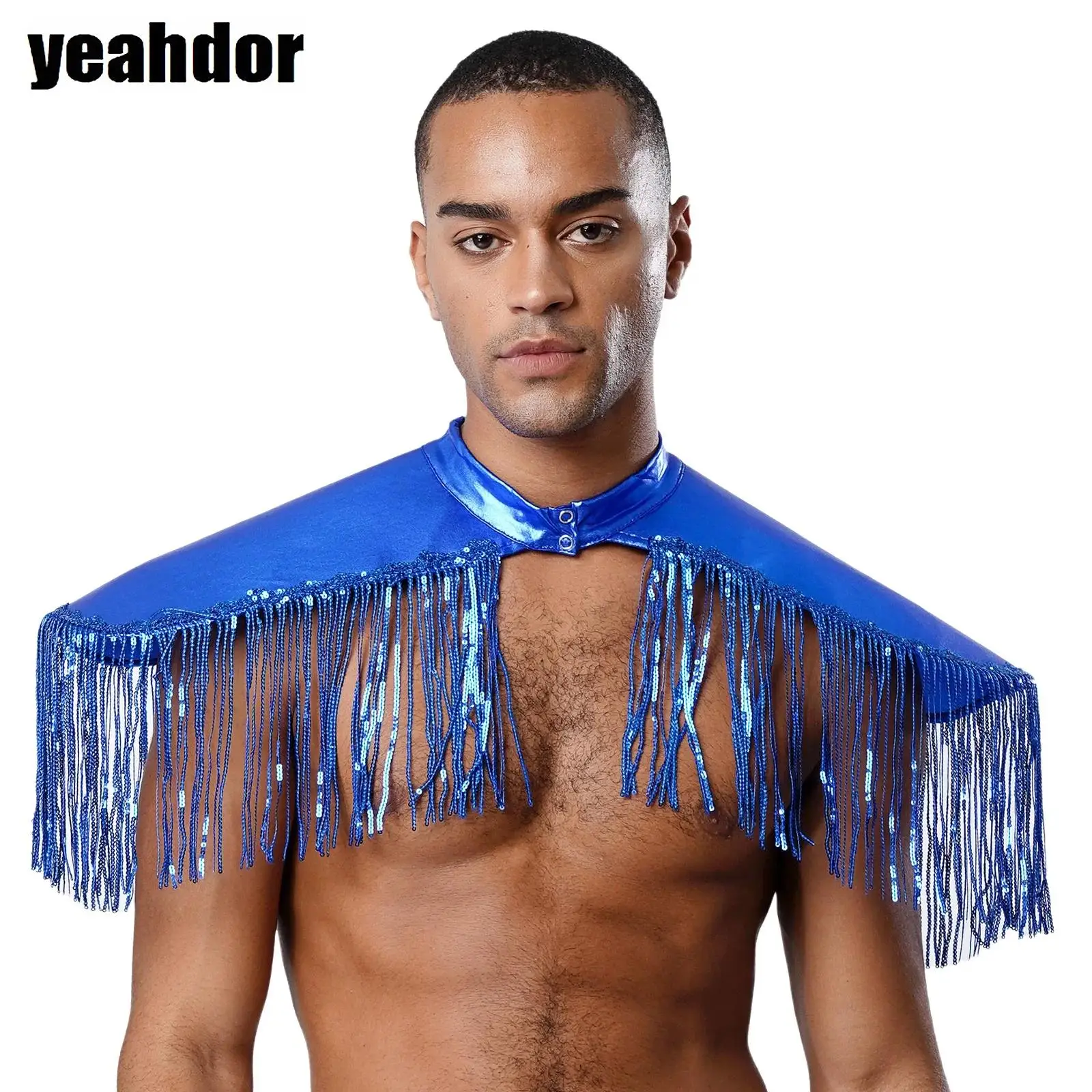 

Unisex Men Women Shiny Metallic Sequin Fringe Shoulder Pads Tassels Armor Vest Halloween Disco Singer Dancer Performance Costume
