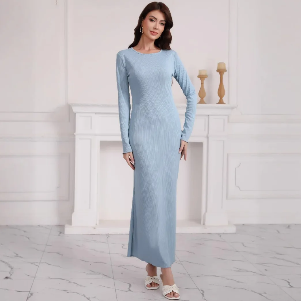 فساتين نسائية أوروبية أمريكية إسلامية بلون سادة أنيقة كاجوال عصرية بسيطة أساسية برقبة دائرية وأكمام طويلة بطول الكاحل #3