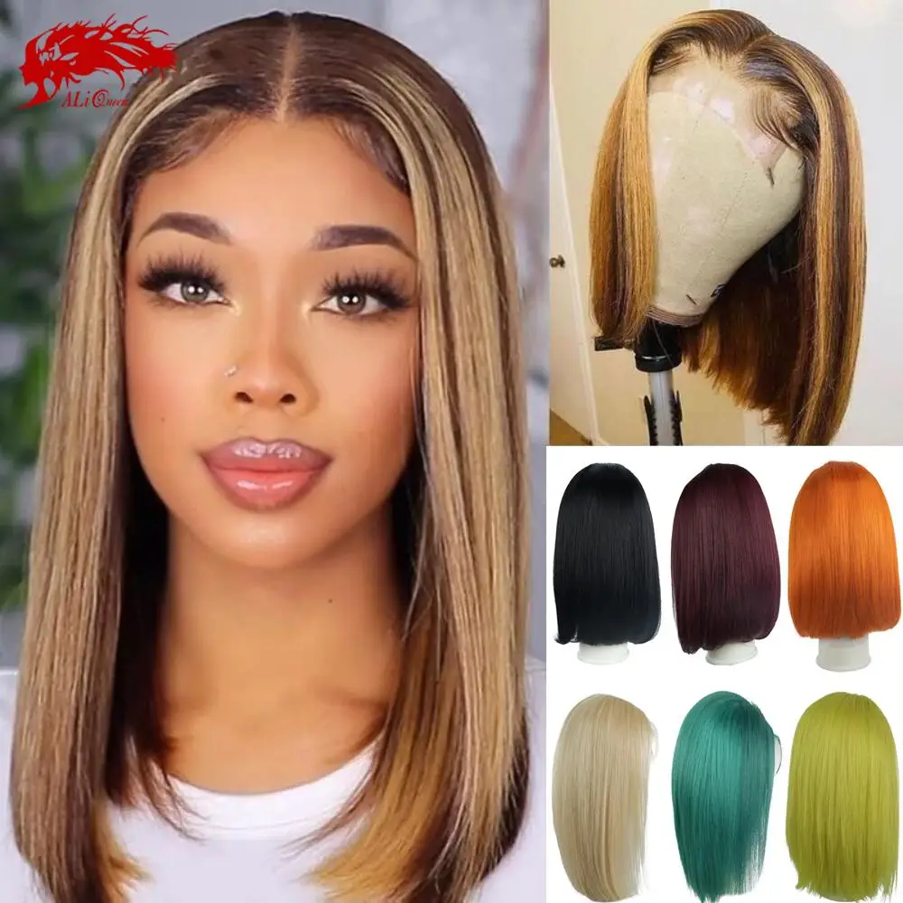 

Ali Queen Brazilian Straight Short Bob Wig 8-14'' Lace Front Human Remy Hair Wigs For Women Pre Plucked 613# Ombre Cosplay Party