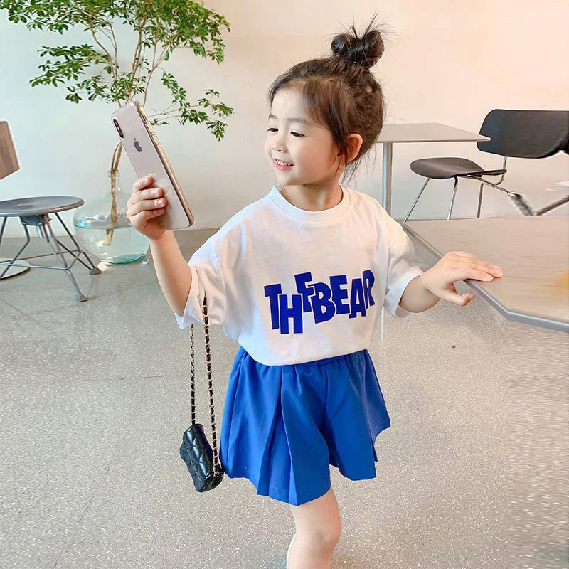 set 2-10 Year Girls clothes letter white girls T-shirt blue Elastic waist girls shorts Summer cute girls outfits Two-piece set