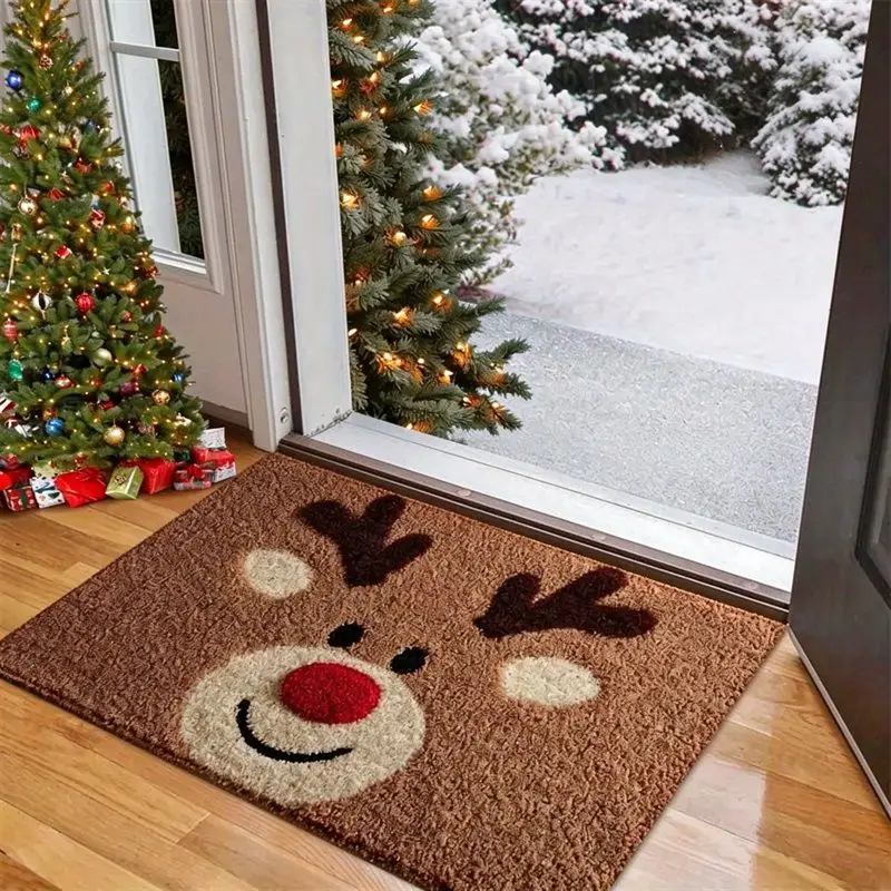 VIKAMA Red Nose Reindeer Door Mat Brown Antler Winter Non Slip Washable Absorbent Front Door Porch 2027 Christmas Home Decor