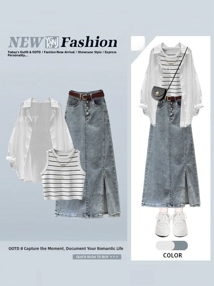 

Elegant Spring Outfit Women's Salt System Shirt Striped Vest High Waist Denim Skirt Three Piece Set Casual Style