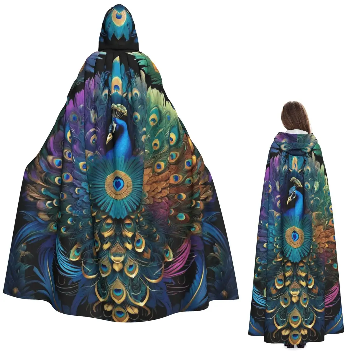 

Elegant Peacock Print Long Hooded Cloak Witch Medieval Costume Cosplay Cape HalloweenParty Adult Unisex