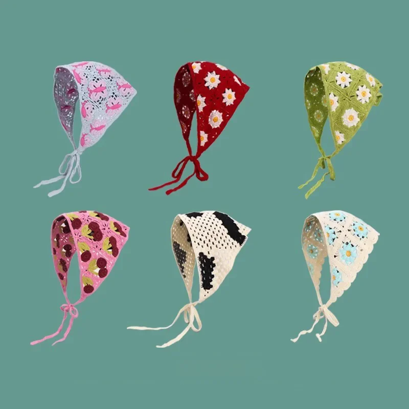 

French Vintage Crochet Triangle Scarf - Boho Chic Headband, Cute Knitted Bandana for Women, Retro Floral Hair Accessory