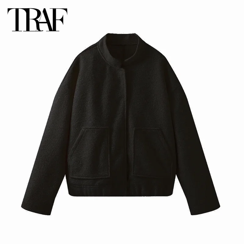 TRAF Elegant Outerwear Women\'s 2024 Spring Autumn Long Sleeve Bomber Varsity Jacket Coat Ladies Fashion Casual Beige Black Coat