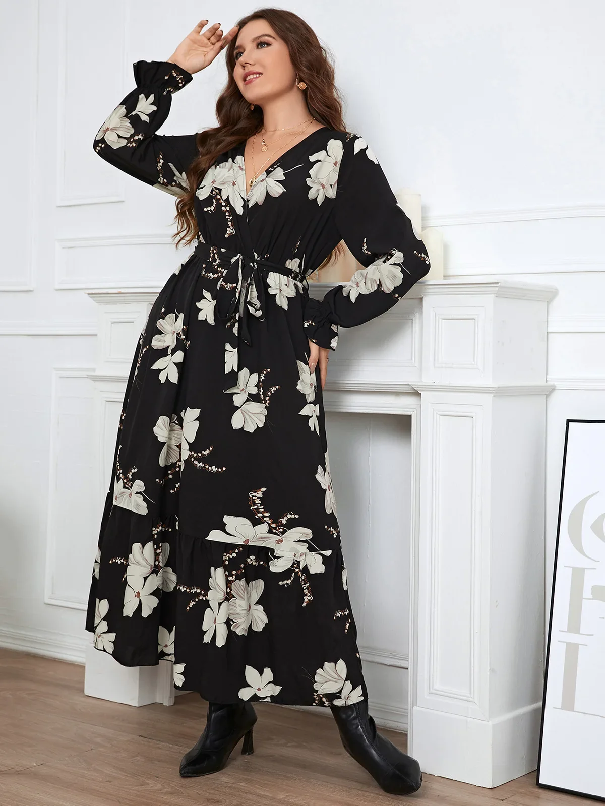 Plus Size Summer Women Dress Wraped V Neck Swing Dresses Waist Belt Floral Pring Robe Ruffle Hem Long Sleeves Female Sundress