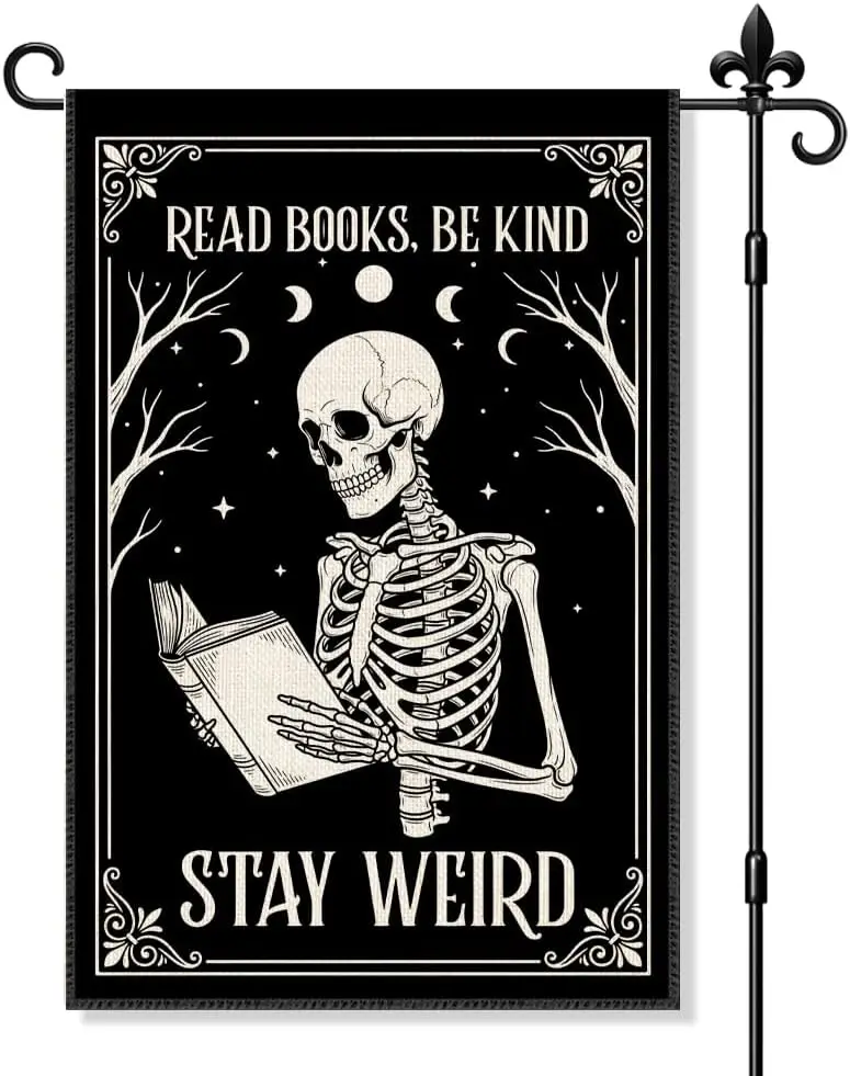 Read Books Be Kind Stay Weird Garden Flag Double Sided | Yard Outdoor Decor 12x18 Inch, Reading Skeleton Outdoor Yard Garden uui