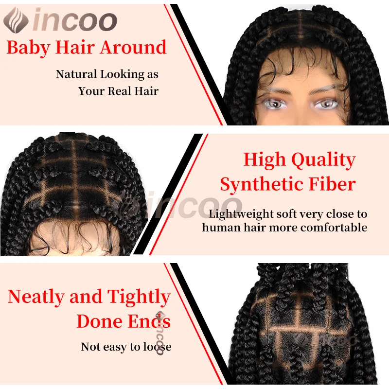 36 Inch Synthetic Larger Box Braided Wigs Afro Knotless 360 HD Full Lace Frontal Braid Wigs Black Women Prepluck Baby Hair Incoo