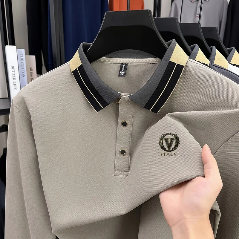 

V Letter Print Men's Polo Shirt Autumn New Arrival Lapel Long Sleeve High End Design T-Shirt Fashion Classic Business Men'swear